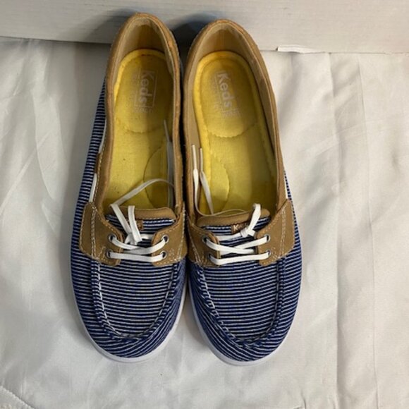 KEDS Tan Navy Blue White Striped Ortholite Canvas Loafer Boat Shoes, size 9.5 - Picture 1 of 6